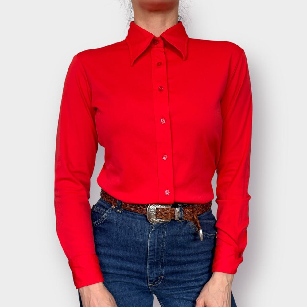 70s red polyester long sleeve blouse Size‎ S/M